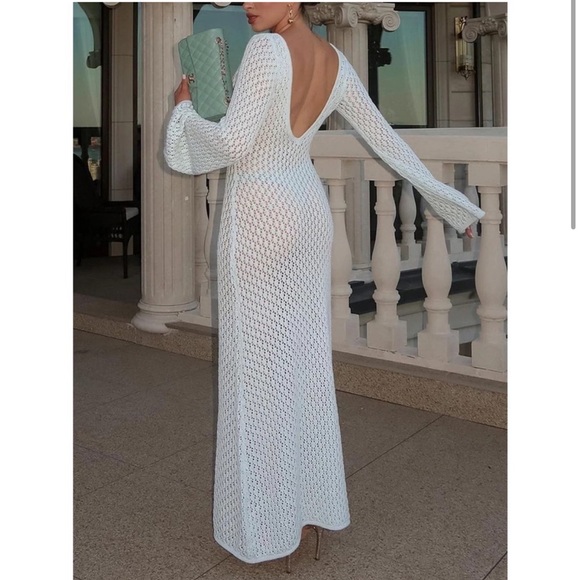 White knit crochet see through cover up maxi dress - summer resort style - Picture 3 of 8
